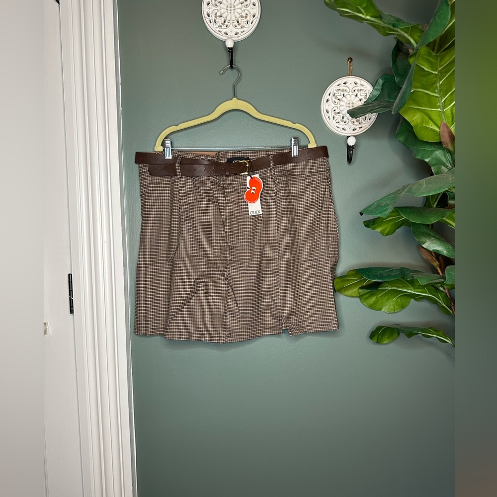Check Brown Mini Skirt With Belt Cider Plus Size